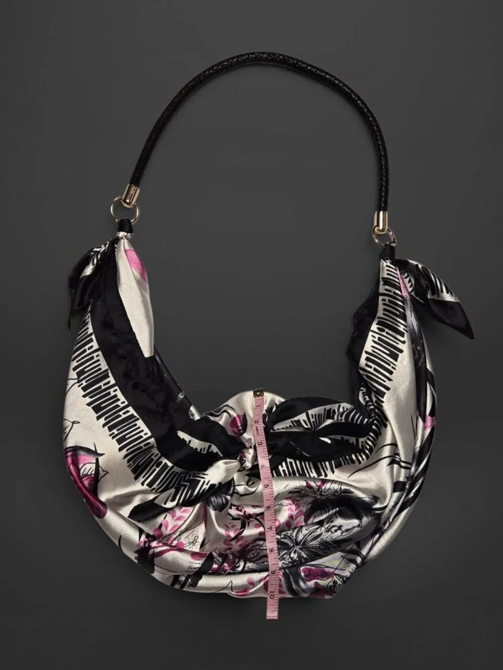 Japanese Furoshiki Scarf Black Pink Floral Slouch Hobo Shoulder Purse